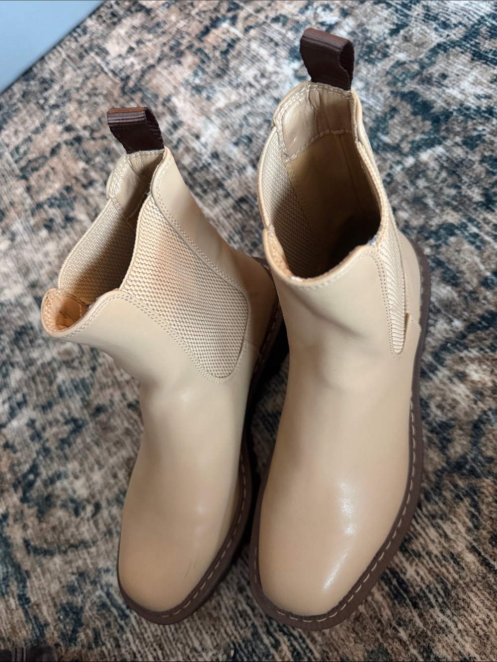 Women's Cream Chelsea Ankle Booties with Brown Sole